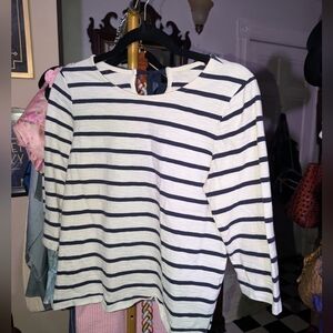 100% Cotton Striped Long Sleeve Boatneck Top - Navy & White